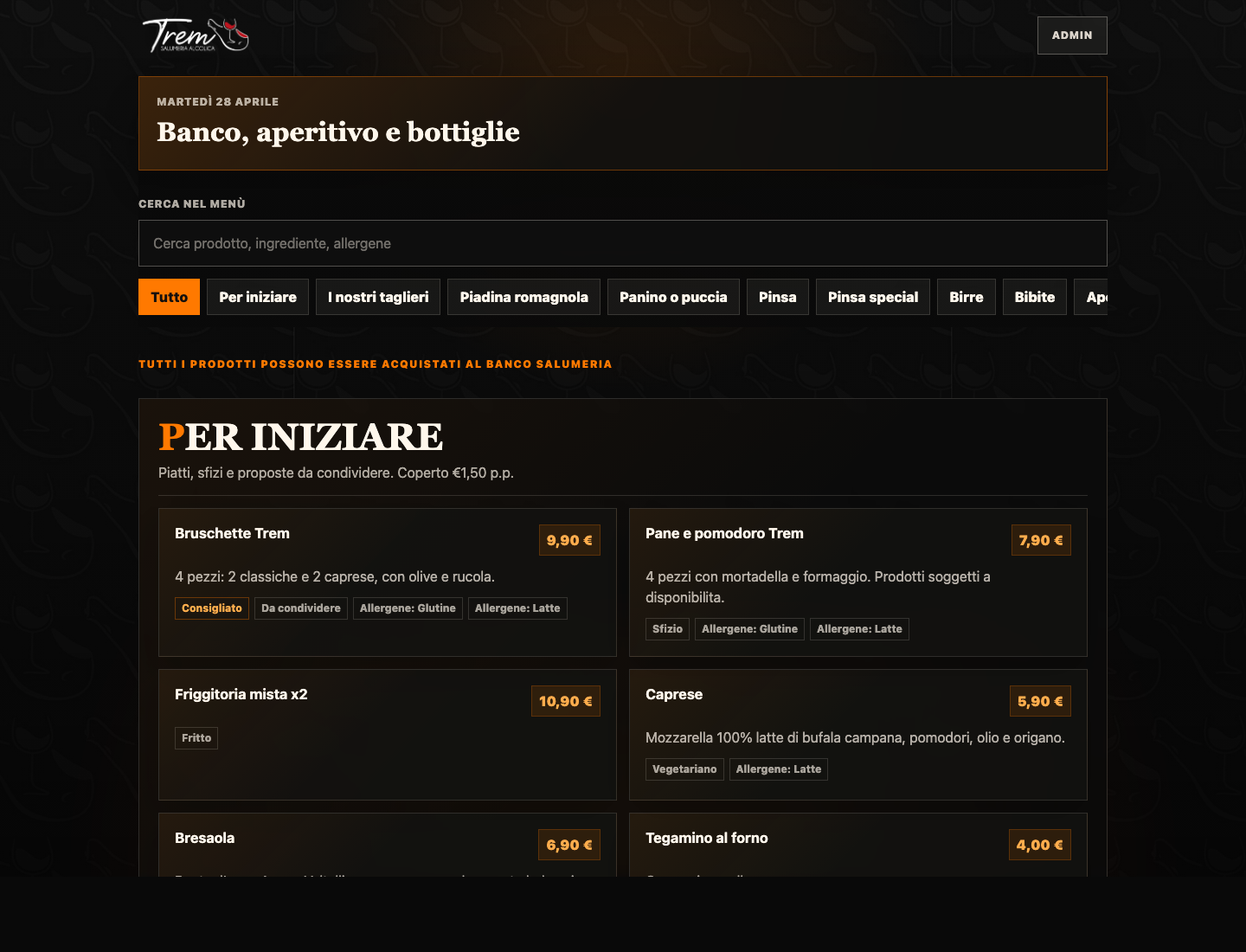 Schermata desktop del menù digitale Trem con categorie e prodotti
