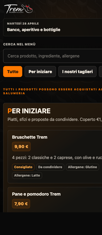 Schermata mobile del menù digitale Trem con categorie e prodotti